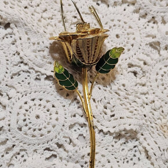 Vtg Gold Tone Filigree Rose Cloisonné Leaf 3D Rose Ornament - Picture 8 of 16